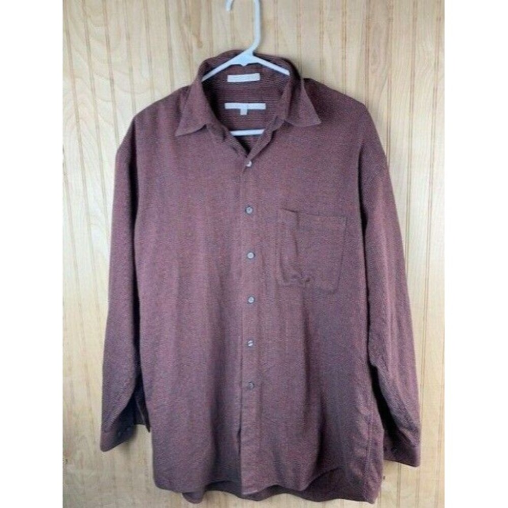 Perry Ellis Size Medium Mens Shirt Button Up Long Sleeve Brown Red Stripe